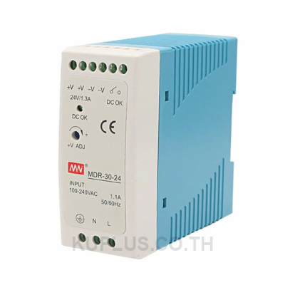Mean Well HDR-30-24 AC-DC Ultra slim DIN rail power supply; Input range 85-264VAC; Output 24VDC at 1.5A; Pass LPS.