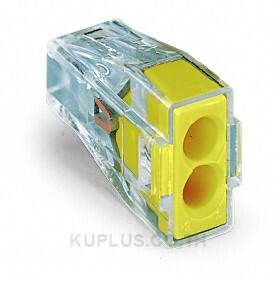 PUSH WIRE® connector for junction boxes; for solid and stranded conductors; max. 2.5 mm²; 2-conductor; transparent housing; yellow cover; Surrounding air temperature: max 60°C; 2,50 mm²; multicoloured